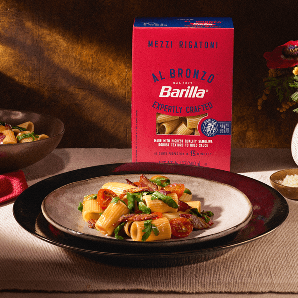 Al Bronzo Mezzi Rigatoni with Bacon, Arugula &amp; Cherry Tomatoes - Barilla Recipe |  |