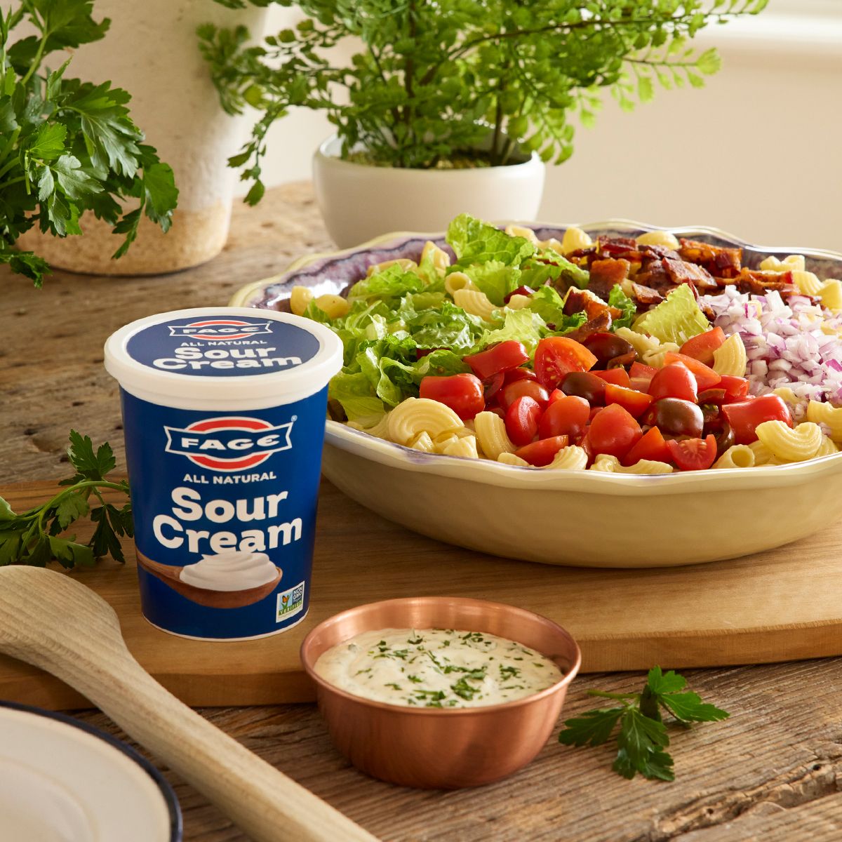 Creamy BLT Sour Cream Pasta Salad - Fage Recipe |  |