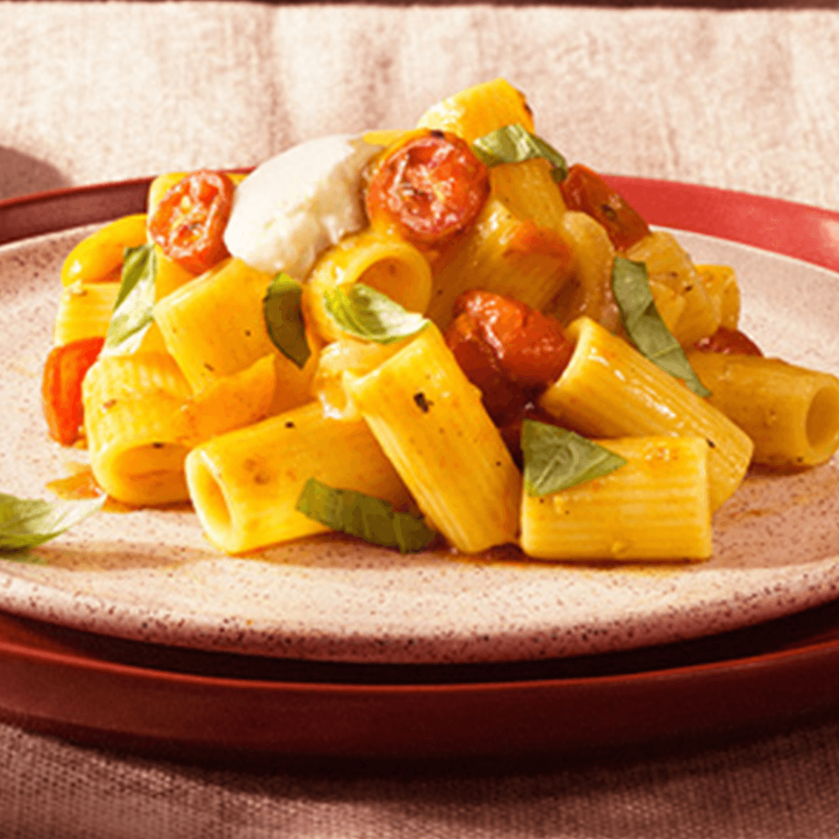 Al Bronzo® Mezzi Rigatoni with Cherry Tomatoes, Fresh Basil &amp; Burrate Cheese - Barilla Recipe |  |