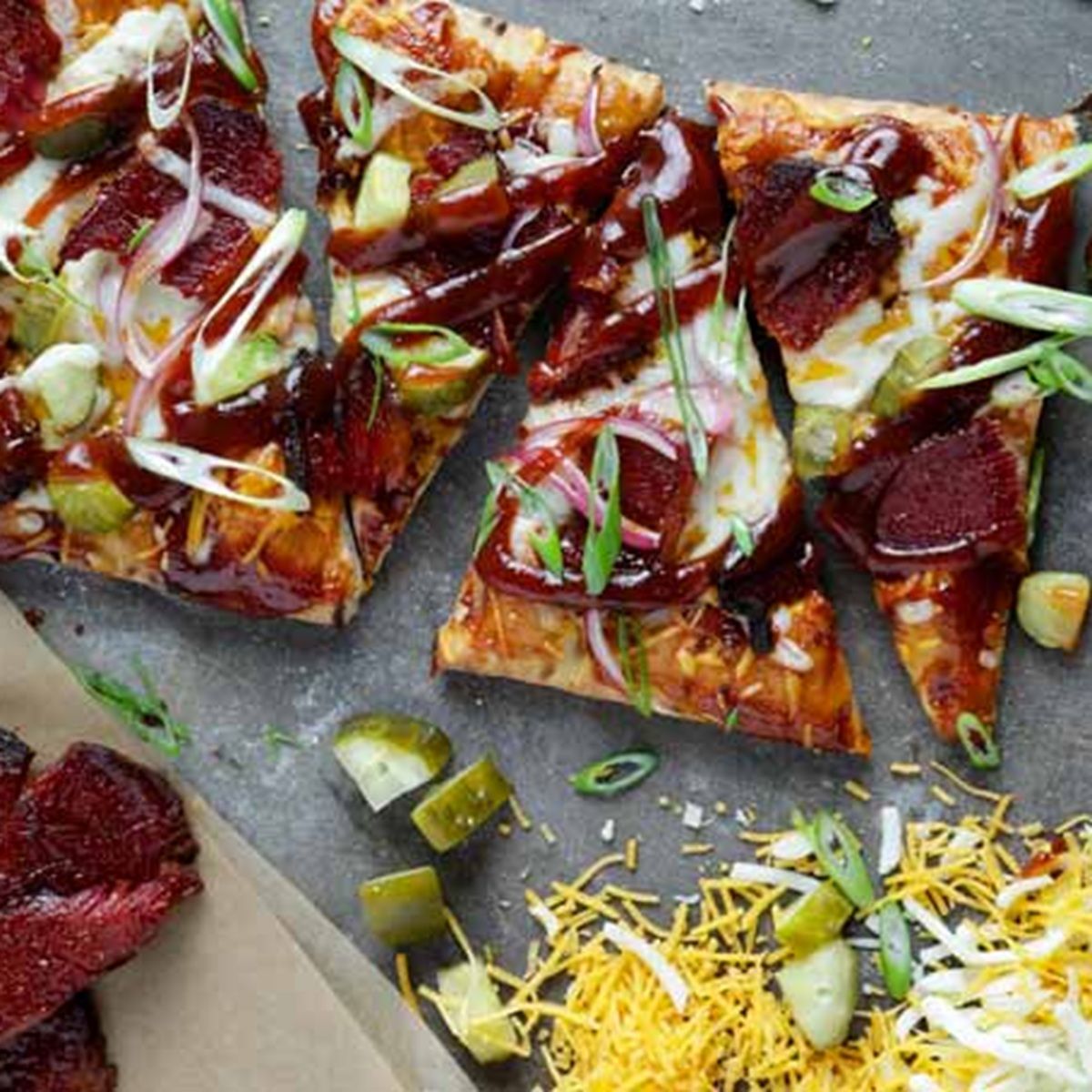 Sweet ‘n Spicy BBQ Beef Brisket Flatbread - Sweet Baby Ray's Recipe |  |