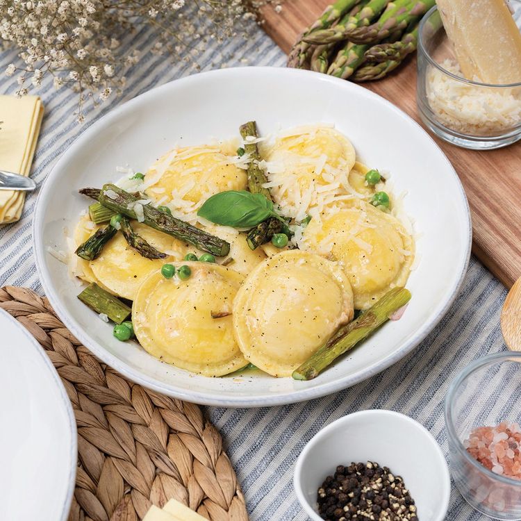 Cheese Ravioli with Lemon Butter Sauce & Roasted Asparagus - Rosina Celentano