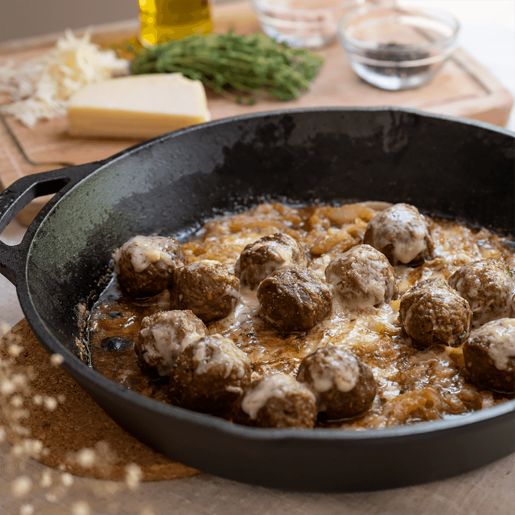 Skillet French Onion Angus Meatball Bake - Rosina Celentano